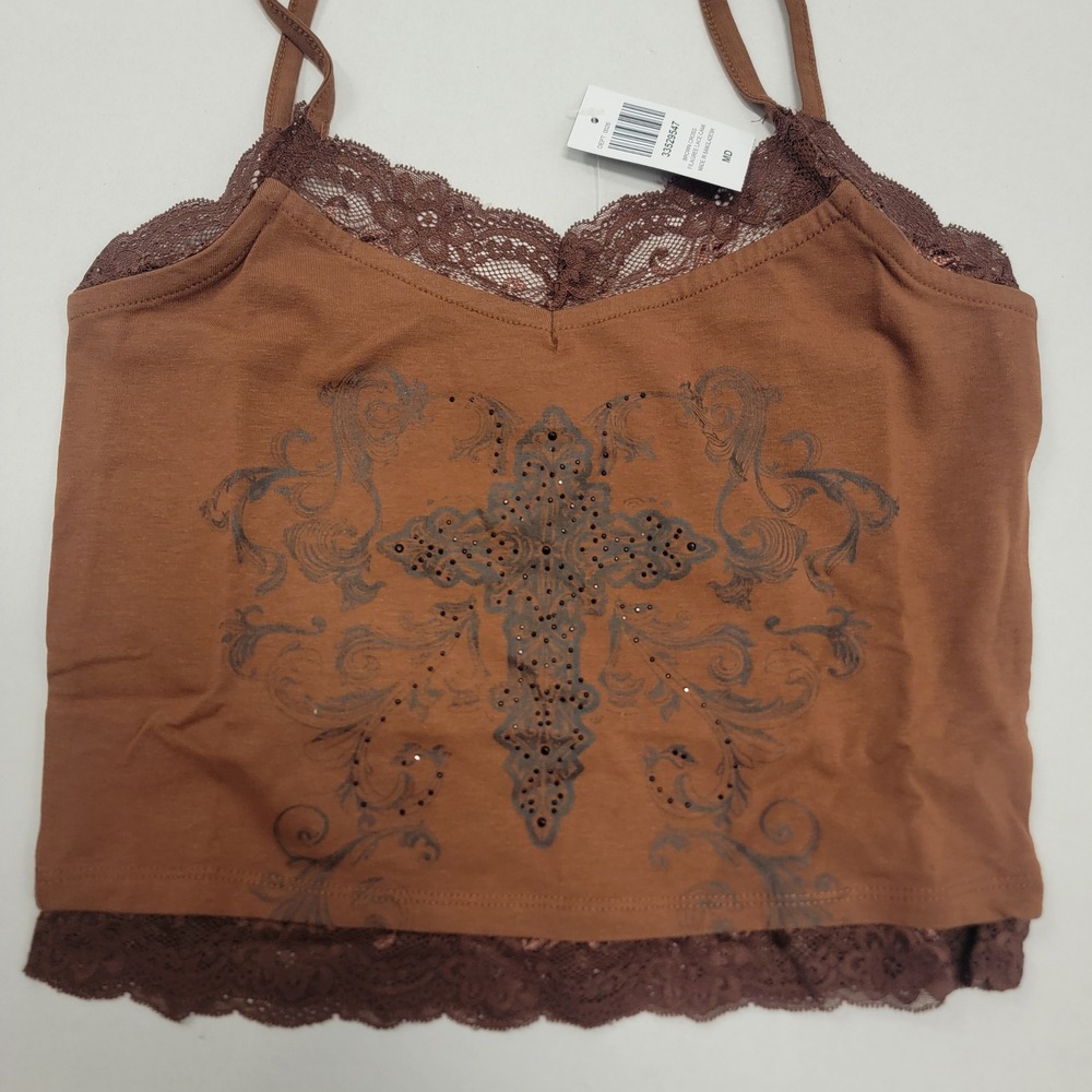 NEW Hot Topic Brown Cross Filigree Lace Cami Rhinestone Gothic Crop Tank‎ Top MD